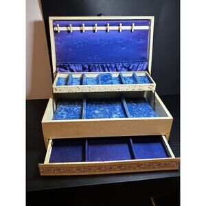 1950’s Vintage Blue Velvet & Satin Lined Cream Jewelry Box Pop out Drawer
